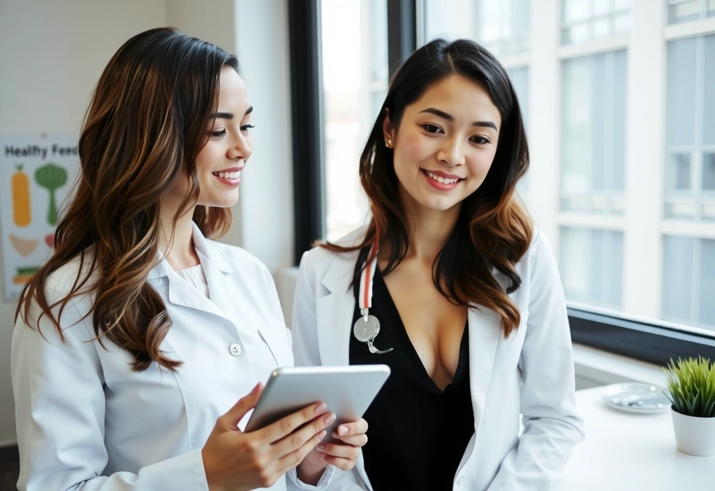 Nutricionista interactuando con un cliente en un ambiente profesional y acogedor.