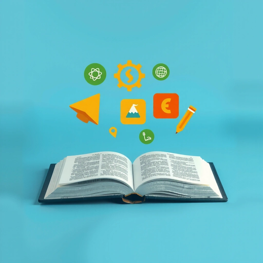 Un libro abierto con símbolos de conocimiento y ciencia, denotando experiencia y educación.